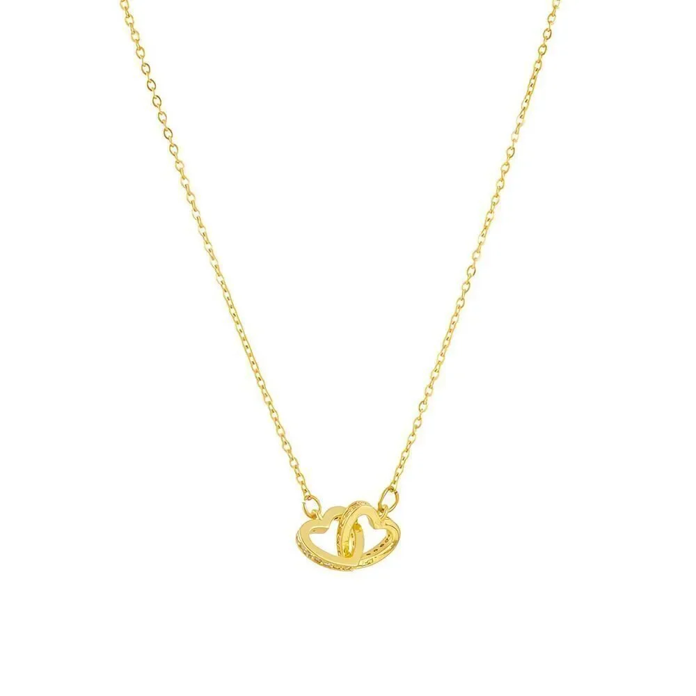 18K Gold Plated Women's Cubic Zirconia Dual Interlocking Heart Necklace Love